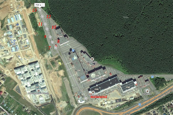 Схема расположения тестовых точек и место расположения автомобиля на парковке бизнес центра Румянцево.