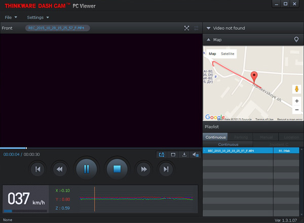 Просмотр записей на специальном плейере Thinkware Dashcam Viewer более информативен, чем встроенный в операционную систему проигрыватель. Одновременно с видеозаписью можно посмотреть, показания акселерометра, скорость и положение автомобиля на карте и трек.