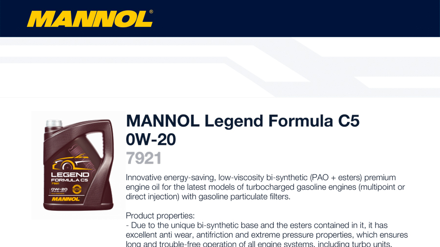��������� ����������������� ������������� �������� ����� Mannol Legend Formula C5 0W-20