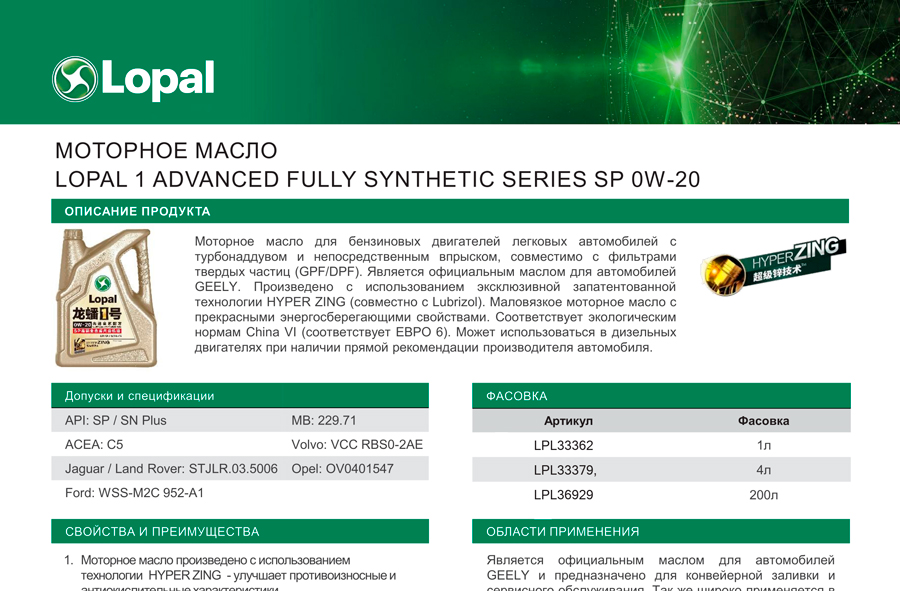 ��������� ����������������� �������������  �������� ����� Lopal 1 Advanced Fully Synthetic Series SP 0W-20
