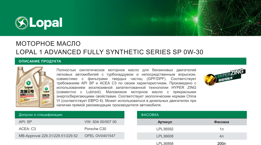   Lopal 1 Advanced Fully Synthetic Series SP 0W-30 –   