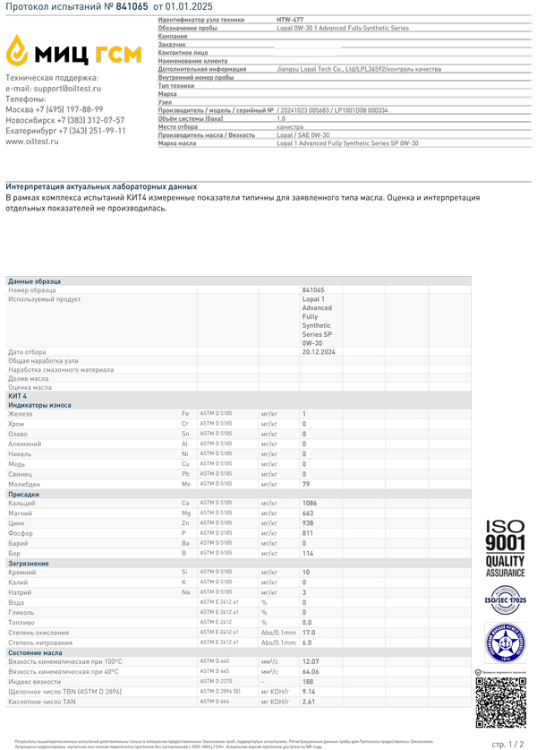 ������������� �������� ����� Lopal 1 Advanced Fully Synthetic Series SP 0W-30, ��������� � �����������